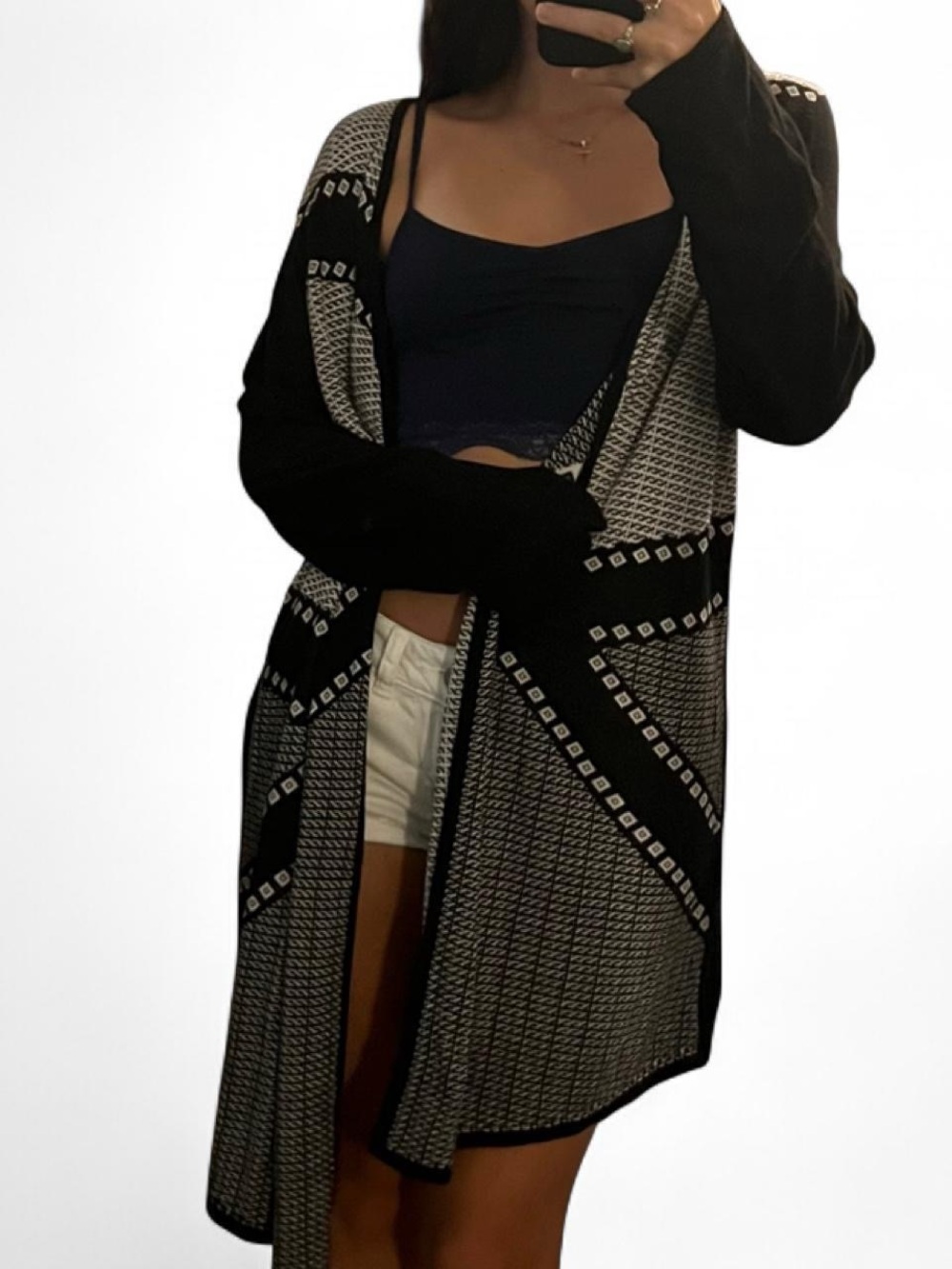 Chico's Black & White Open-Front Geometric Cardigan